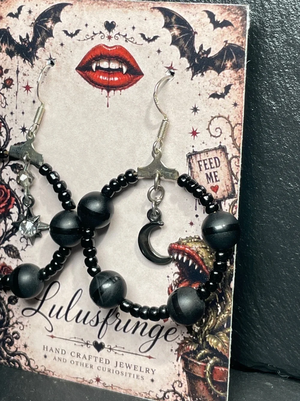 REDUCED Artisan Black Onyx Beaded Hoop Earrings with Moon & Star Charms